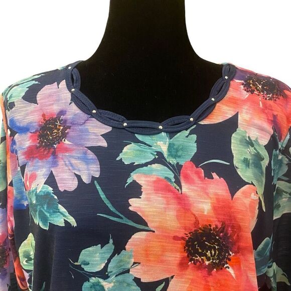 Alfred Dunner Boho Vibes Watercolor Floral Top 3/4 Sleeves Sz L petite - Picture 5 of 14